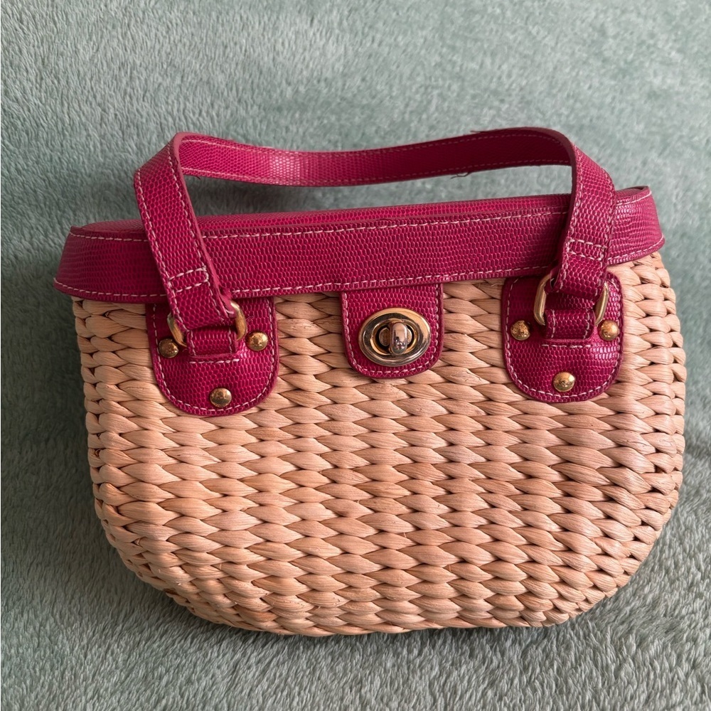 Vintage Vegetable Fiber Woven Basket Purse Top Handle Bag Pink Tan mirror - Picture 2 of 14